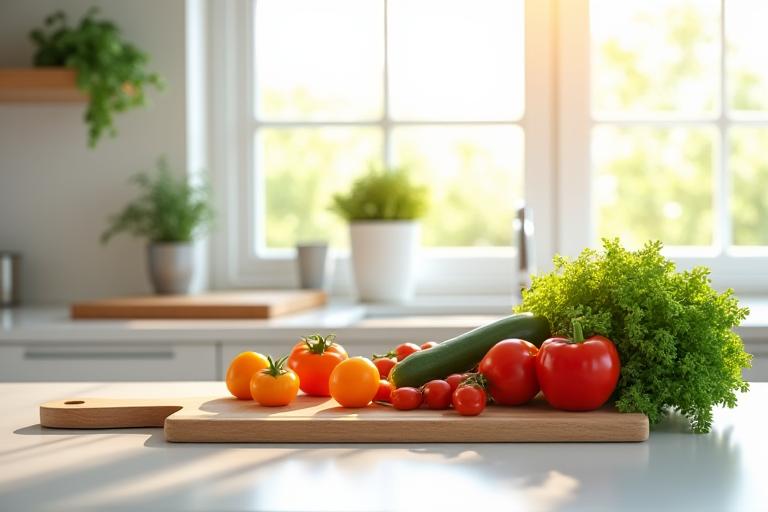 A bright, modern kitchen with fresh vegetables on a cutting board
