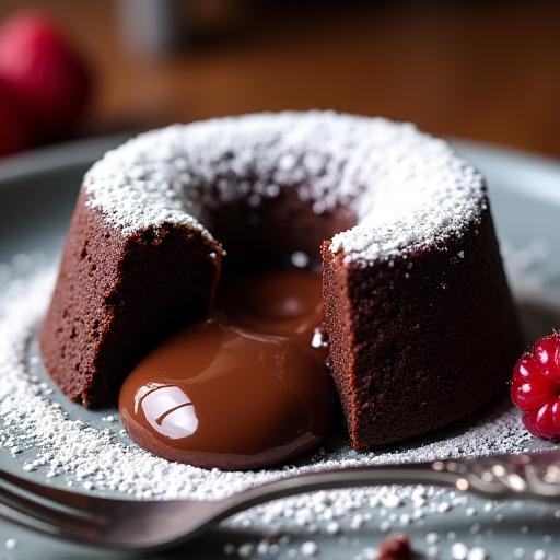 A decadent chocolate lava cake with molten center, dusted with powdered sugar