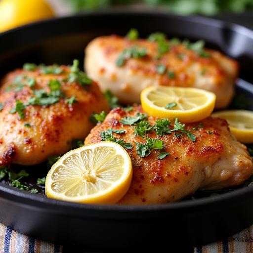 Golden brown lemon herb chicken in a cast iron skillet