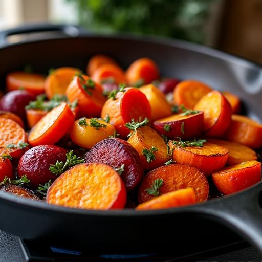 A pan of colorful roasted root vegetables coming out of the oven